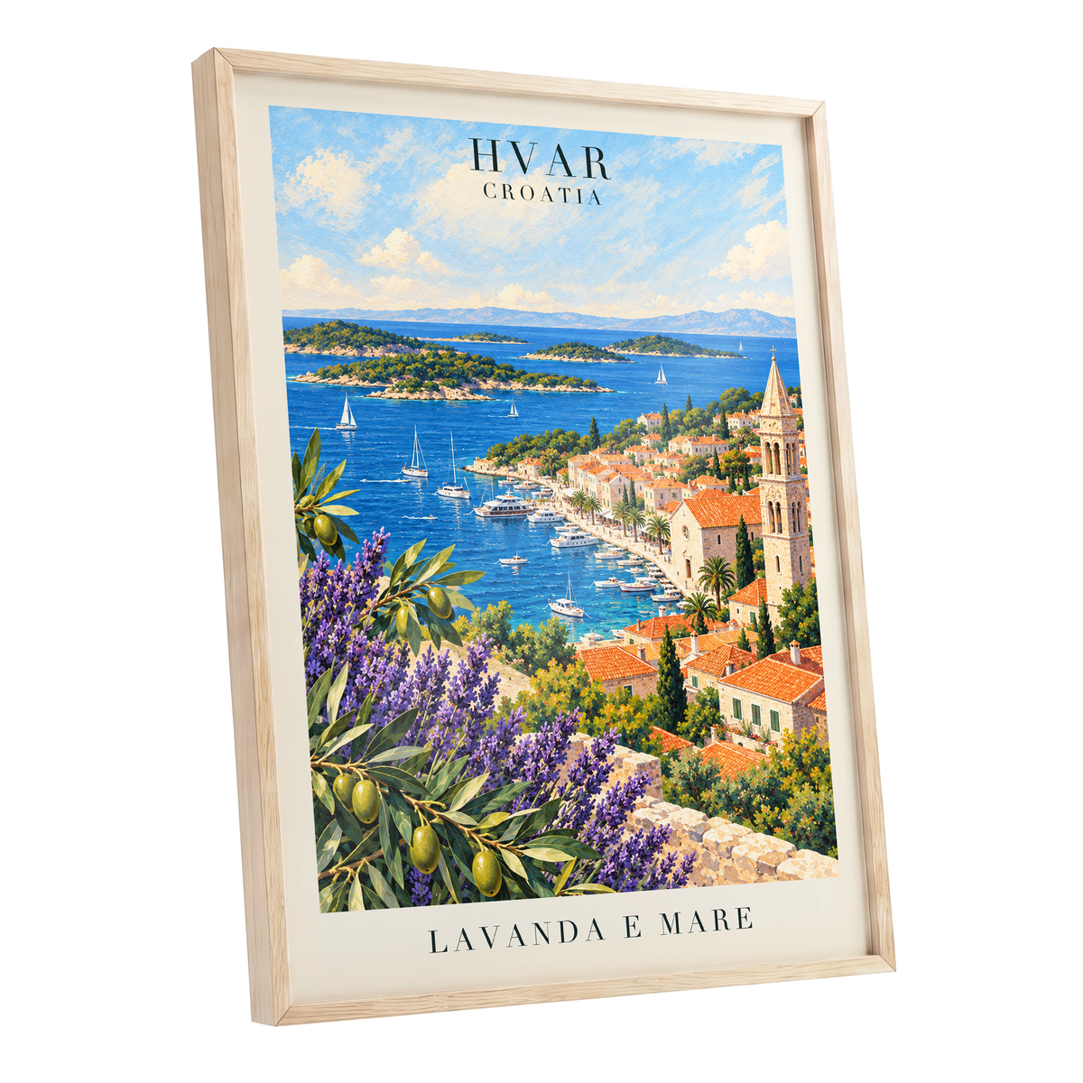 Lavender Shores of Hvar, blue, green, beige nature wall art shown as a oak framed poster wall art print