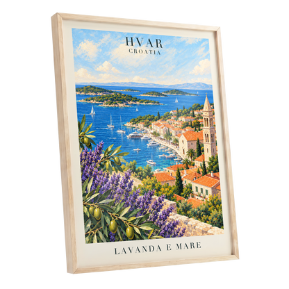 Lavender Shores of Hvar, blue, green, beige nature wall art shown as a oak framed poster wall art print