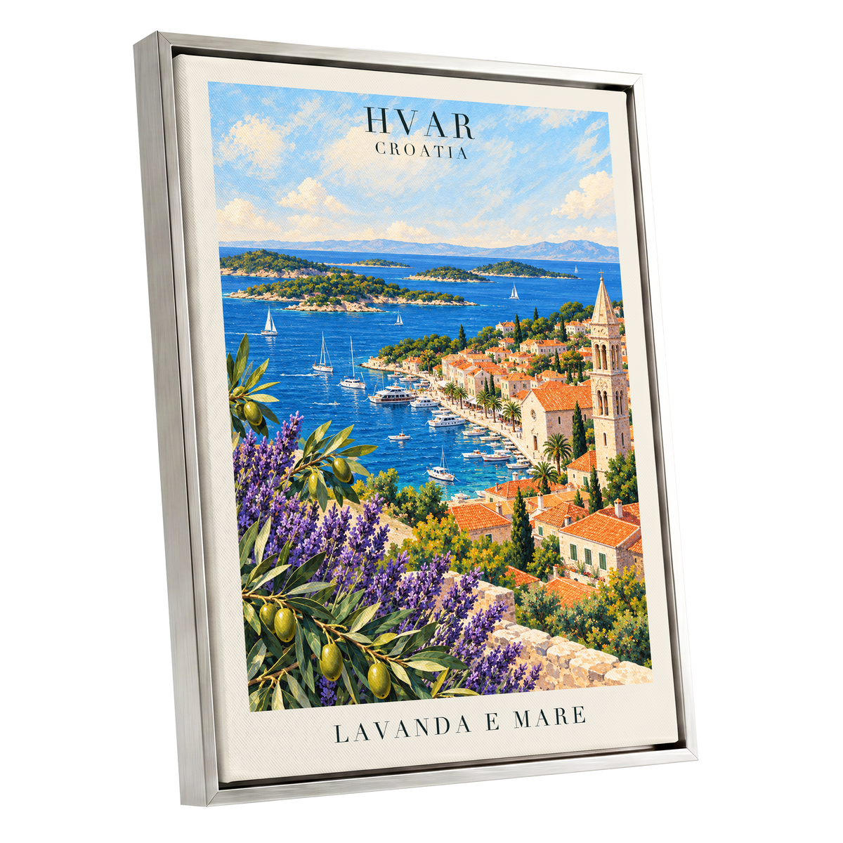 Lavender Shores of Hvar, blue, green, beige nature wall art shown as a silver framed canvas wall art