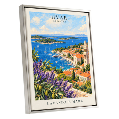 Lavender Shores of Hvar, blue, green, beige nature wall art shown as a silver framed canvas wall art
