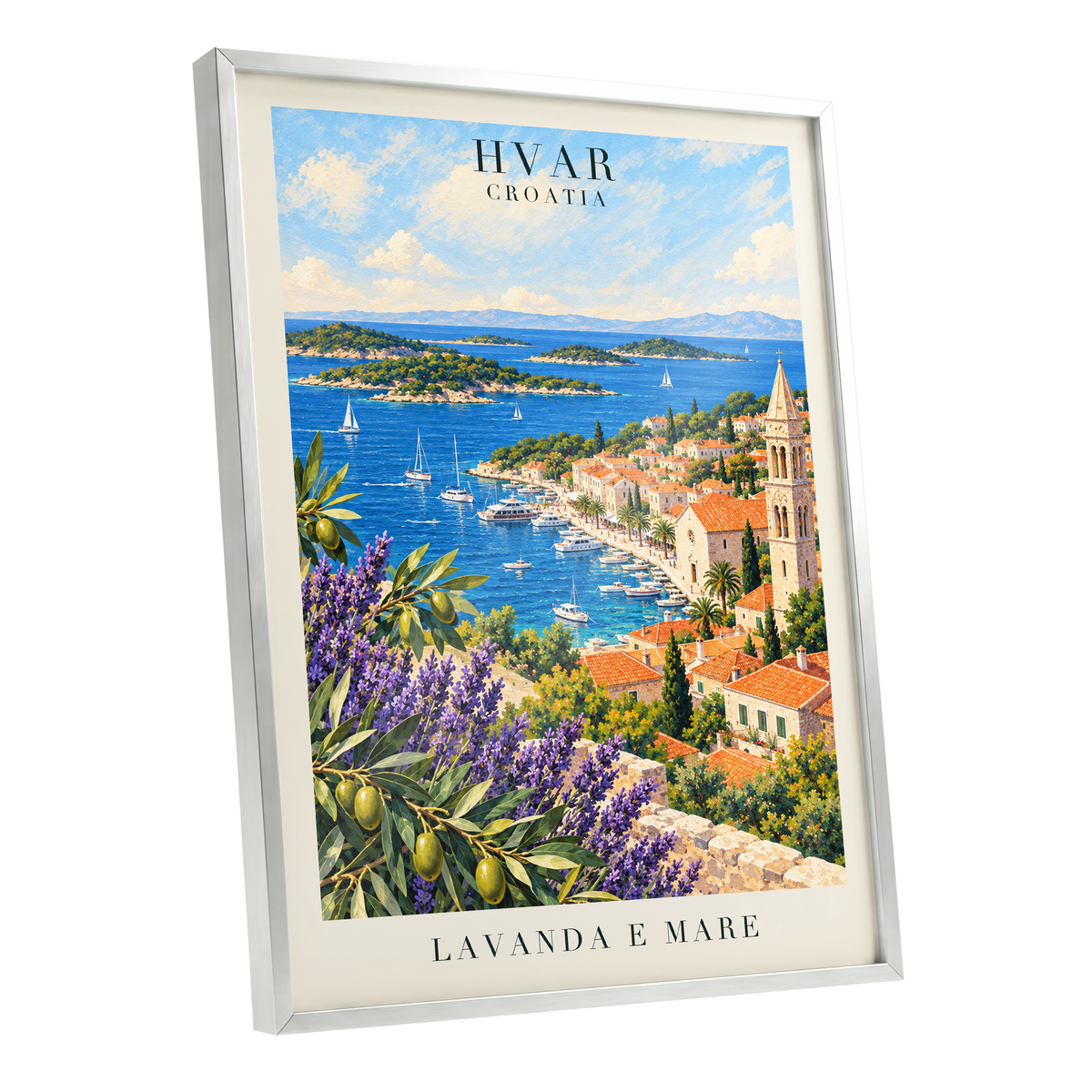 Lavender Shores of Hvar, blue, green, beige nature wall art shown as a silver framed poster wall art print