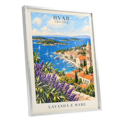 Lavender Shores of Hvar, blue, green, beige nature wall art shown as a silver framed poster wall art print
