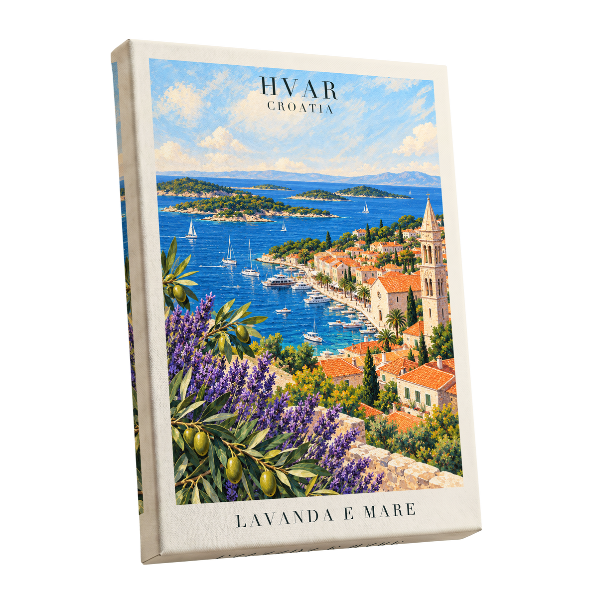 Lavender Shores of Hvar, blue, green, beige nature wall art shown as a stretched canvas wall art