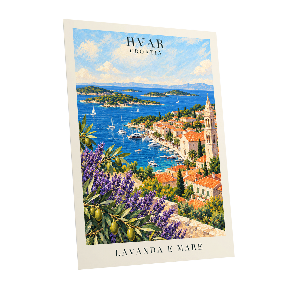 Lavender Shores of Hvar, blue, green, beige nature wall art shown as a unframed poster wall art print
