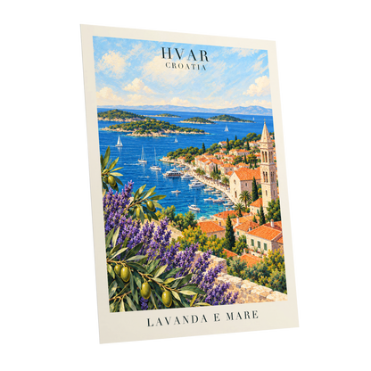 Lavender Shores of Hvar, blue, green, beige nature wall art shown as a unframed poster wall art print