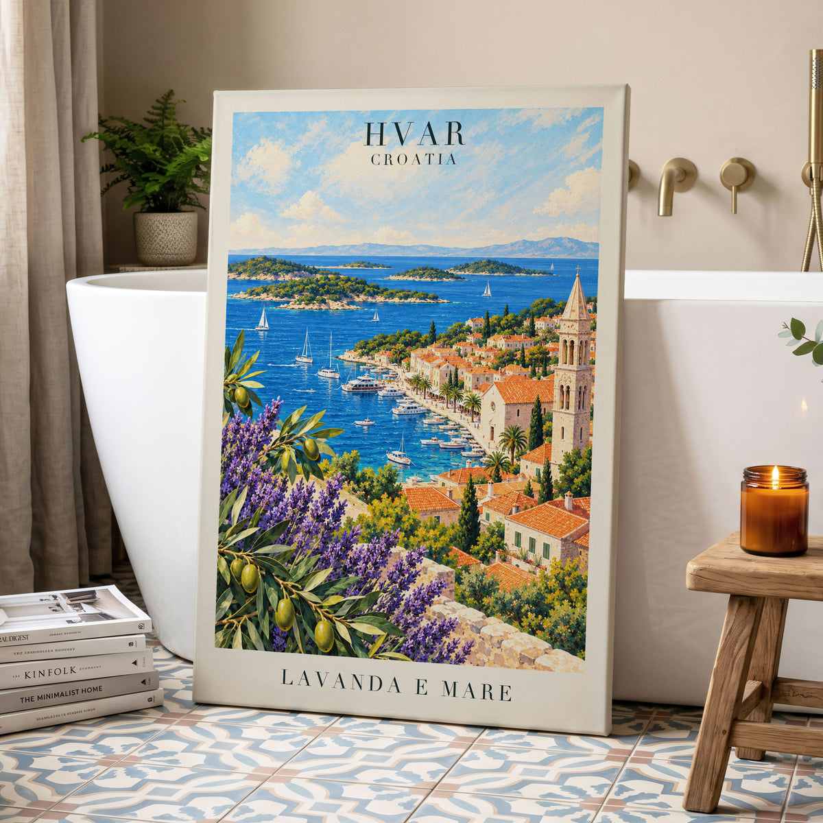 Lavender Shores of Hvar, blue, green, beige nature wall art displayed in a styled interior, gallery view 3