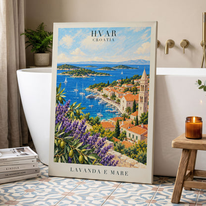 Lavender Shores of Hvar, blue, green, beige nature wall art displayed in a styled interior, gallery view 3