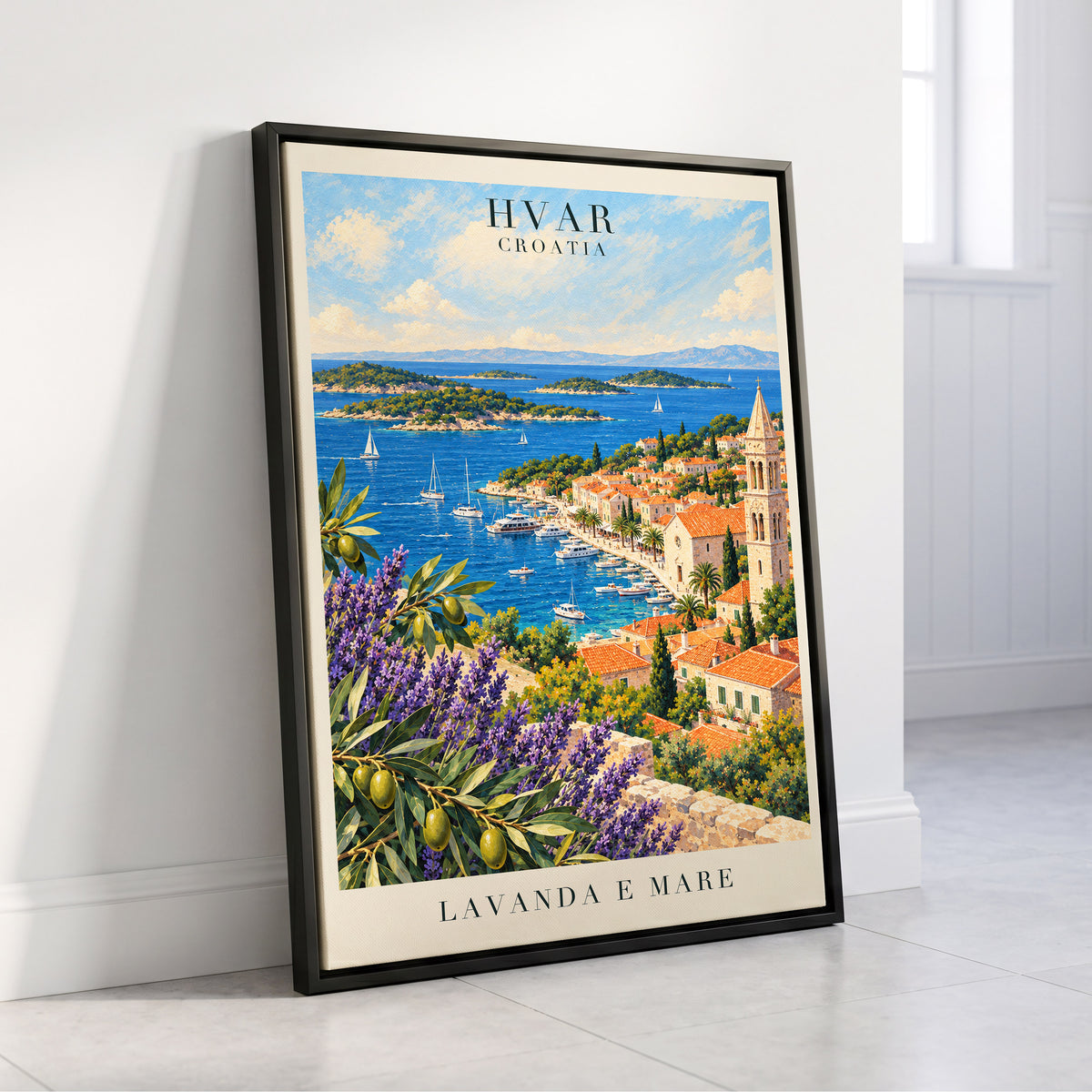 Lavender Shores of Hvar, blue, green, beige nature wall art displayed in a styled interior, gallery view 4