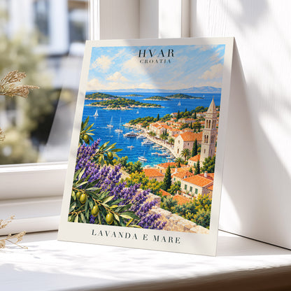 Lavender Shores of Hvar, blue, green, beige nature wall art displayed in a styled interior, gallery view 5