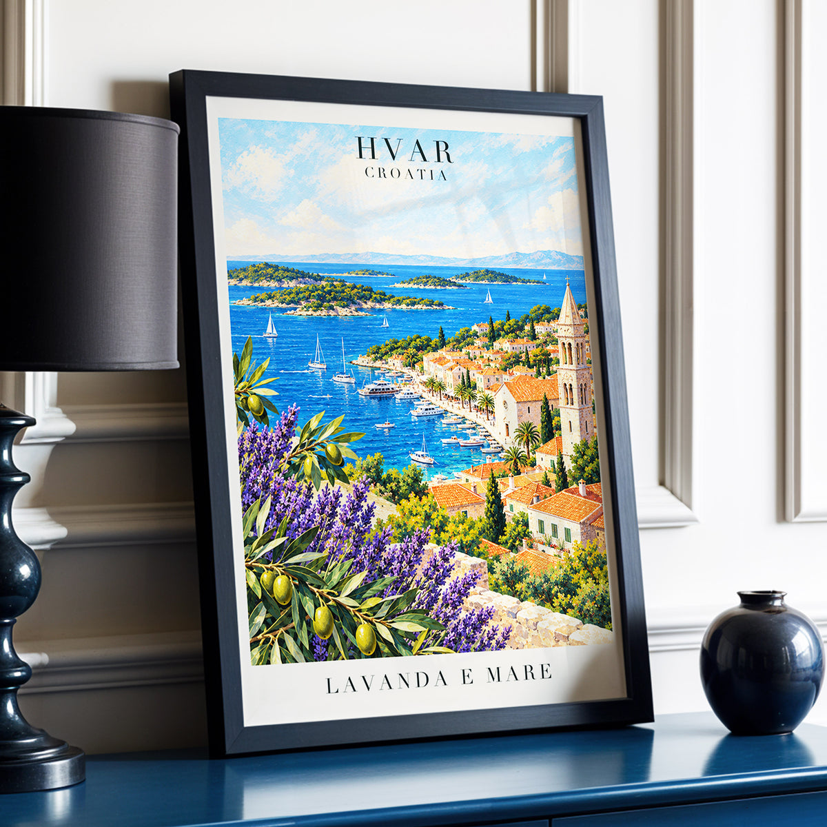 Lavender Shores of Hvar, blue, green, beige nature wall art displayed in a styled interior, gallery view 6