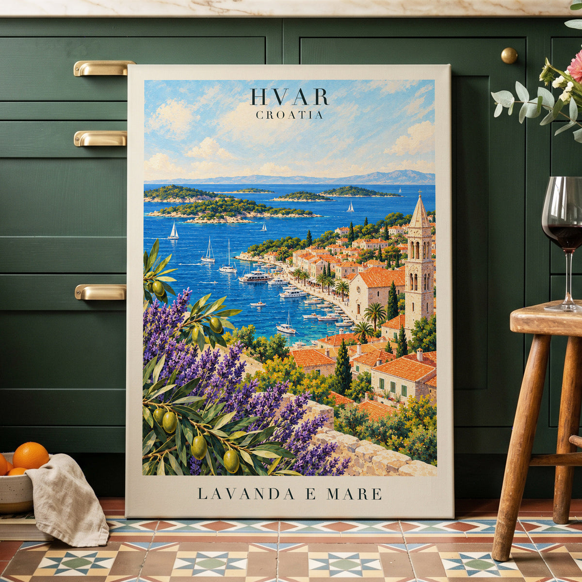 Lavender Shores of Hvar, blue, green, beige nature wall art displayed in a styled interior, gallery view 7