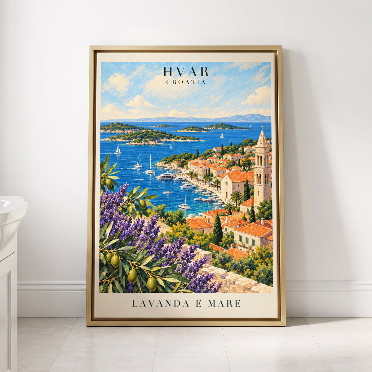 Lavender Shores of Hvar, blue, green, beige nature wall art displayed in a styled interior, gallery view 8