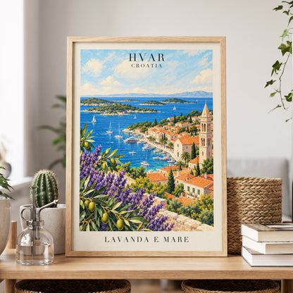 Lavender Shores of Hvar, blue, green, beige nature wall art displayed in a styled interior, gallery view 9