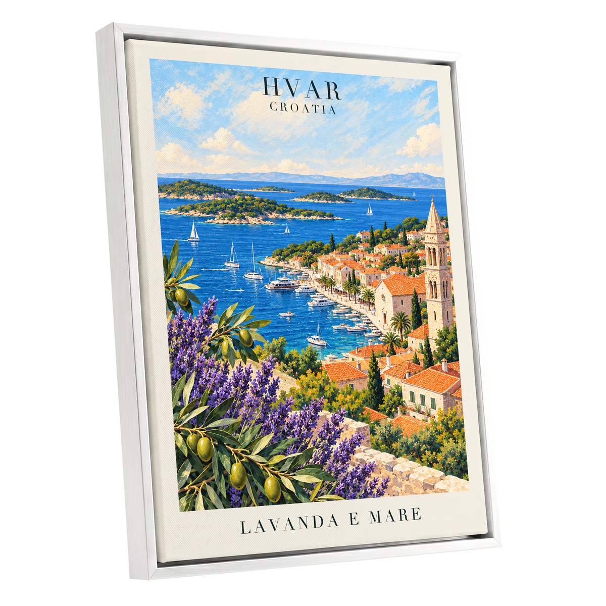 Lavender Shores of Hvar, blue, green, beige nature wall art shown as a white framed canvas wall art