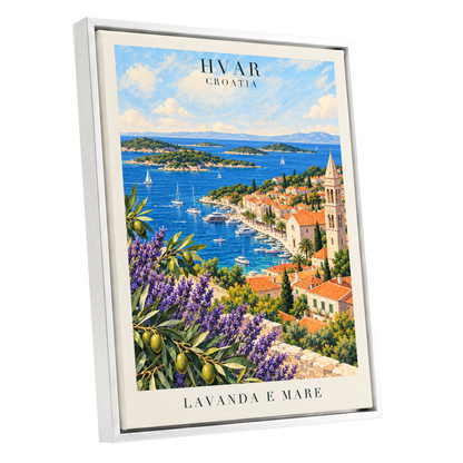 Lavender Shores of Hvar, blue, green, beige nature wall art shown as a white framed canvas wall art