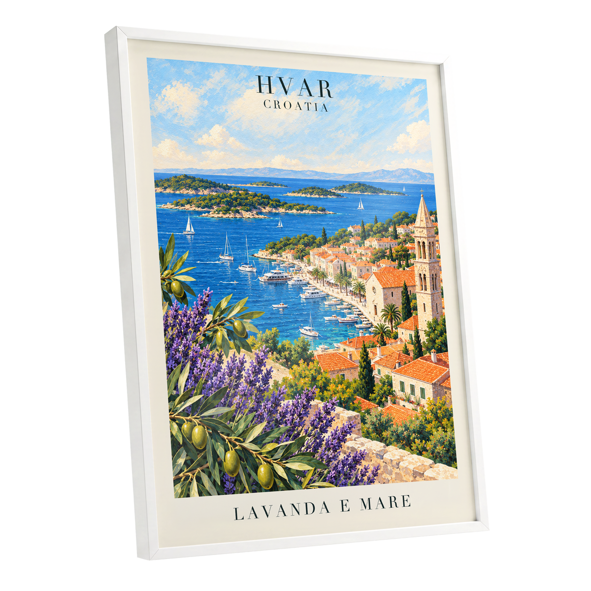 Lavender Shores of Hvar, blue, green, beige nature wall art shown as a white framed poster wall art print
