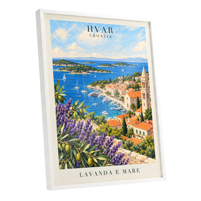 Lavender Shores of Hvar, blue, green, beige nature wall art shown as a white framed poster wall art print