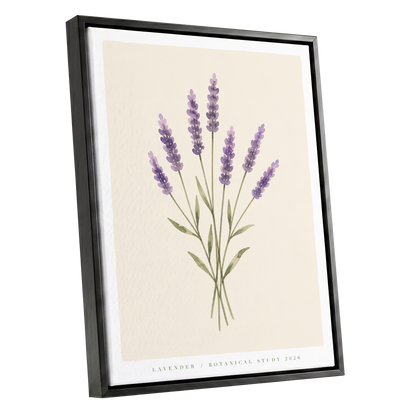 Lavender Stillness, purple, green, beige floral wall art shown as a black framed canvas wall art