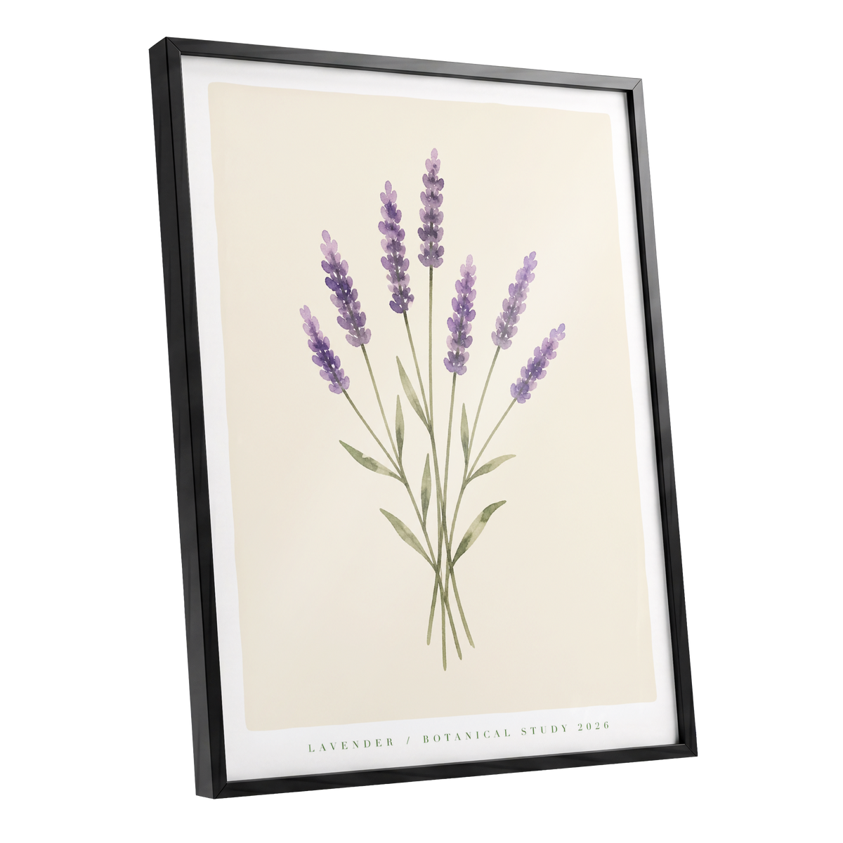 Lavender Stillness, purple, green, beige floral wall art shown as a black framed poster wall art print
