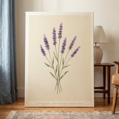 Lavender Stillness, purple, green, beige floral wall art on canvas displayed in a styled interior, gallery view 1