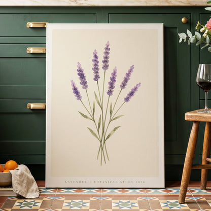 Lavender Stillness, purple, green, beige floral wall art on canvas displayed in a styled interior, gallery view 2