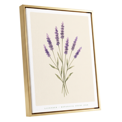 Lavender Stillness, purple, green, beige floral wall art shown as a gold framed canvas wall art
