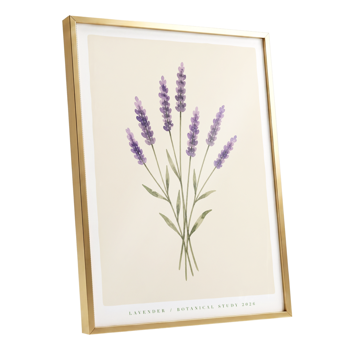 Lavender Stillness, purple, green, beige floral wall art shown as a gold framed poster wall art print