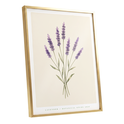 Lavender Stillness, purple, green, beige floral wall art shown as a gold framed poster wall art print