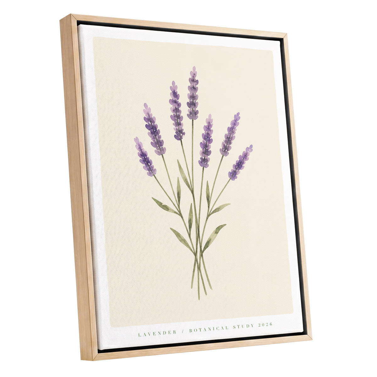 Lavender Stillness, purple, green, beige floral wall art shown as a oak framed canvas wall art