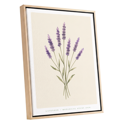 Lavender Stillness, purple, green, beige floral wall art shown as a oak framed canvas wall art