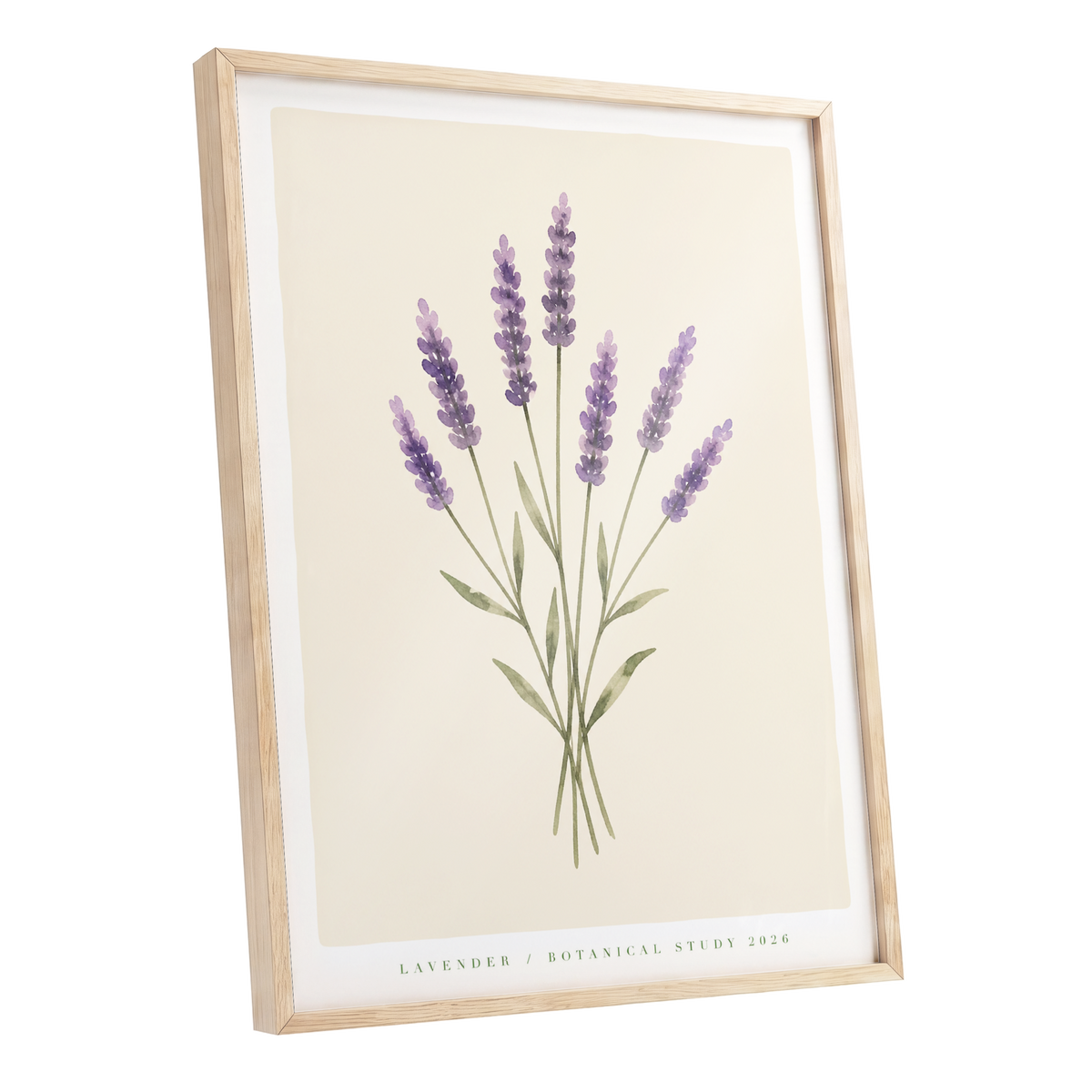 Lavender Stillness, purple, green, beige floral wall art shown as a oak framed poster wall art print