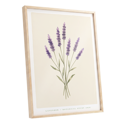 Lavender Stillness, purple, green, beige floral wall art shown as a oak framed poster wall art print