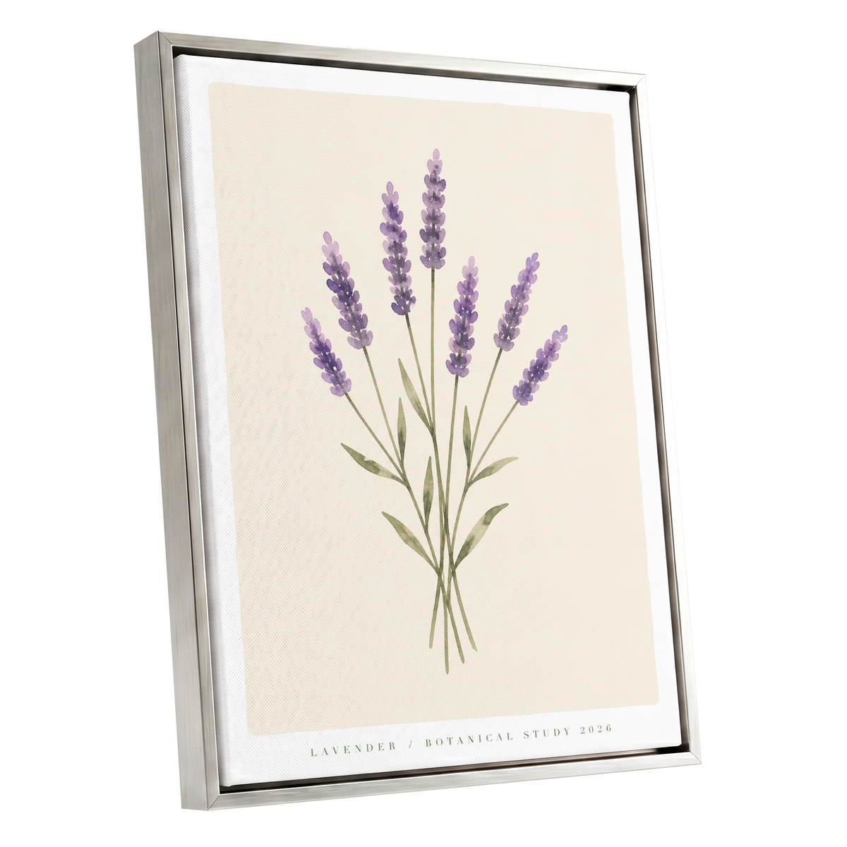 Lavender Stillness, purple, green, beige floral wall art shown as a silver framed canvas wall art