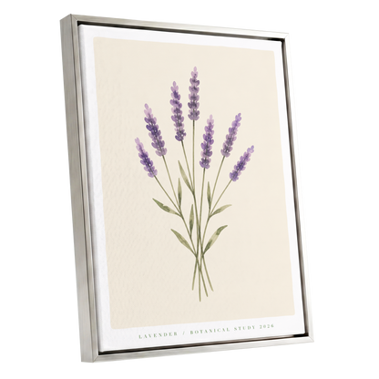 Lavender Stillness, purple, green, beige floral wall art shown as a silver framed canvas wall art