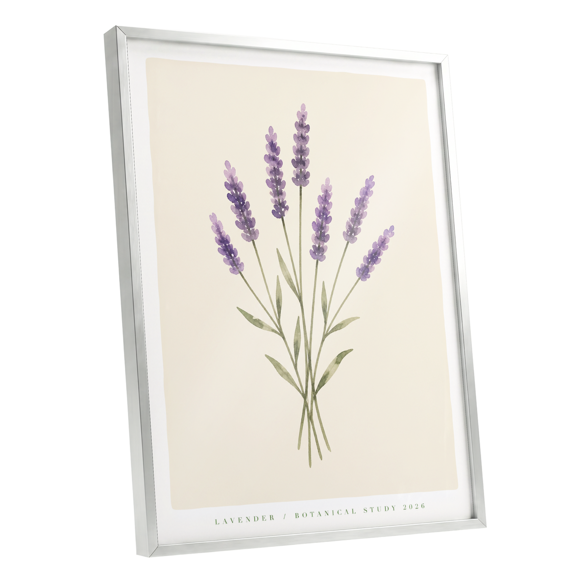 Lavender Stillness, purple, green, beige floral wall art shown as a silver framed poster wall art print
