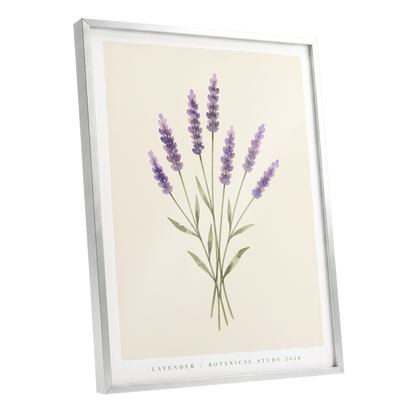 Lavender Stillness, purple, green, beige floral wall art shown as a silver framed poster wall art print