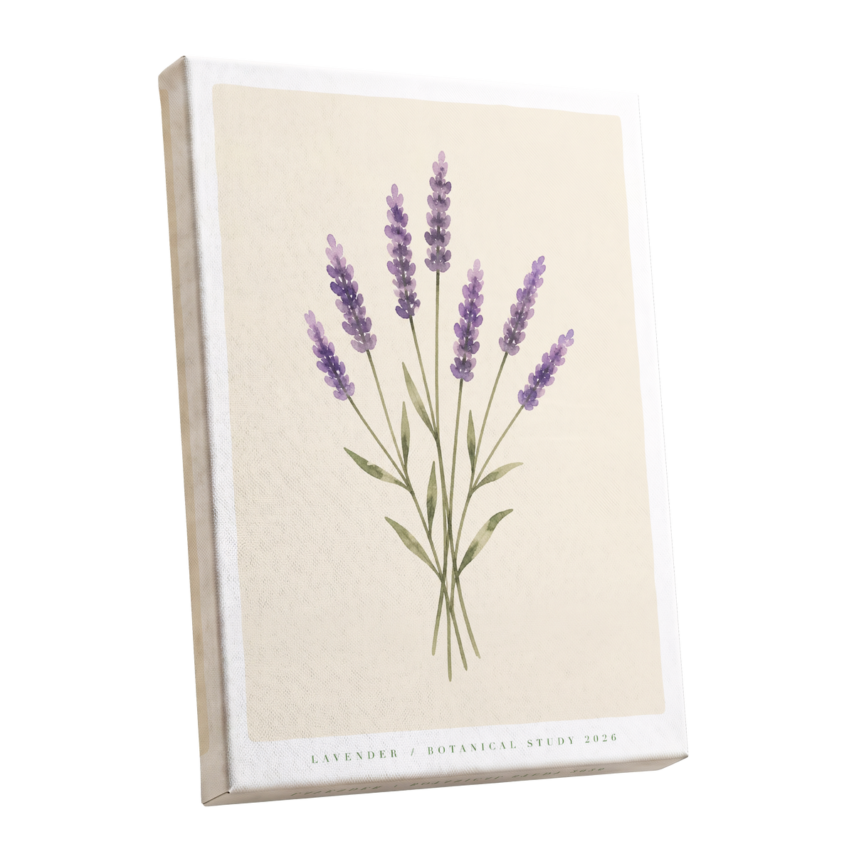 Lavender Stillness, purple, green, beige floral wall art shown as a stretched canvas wall art