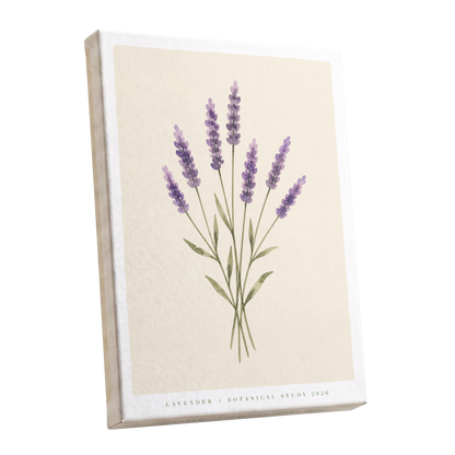 Lavender Stillness, purple, green, beige floral wall art shown as a stretched canvas wall art