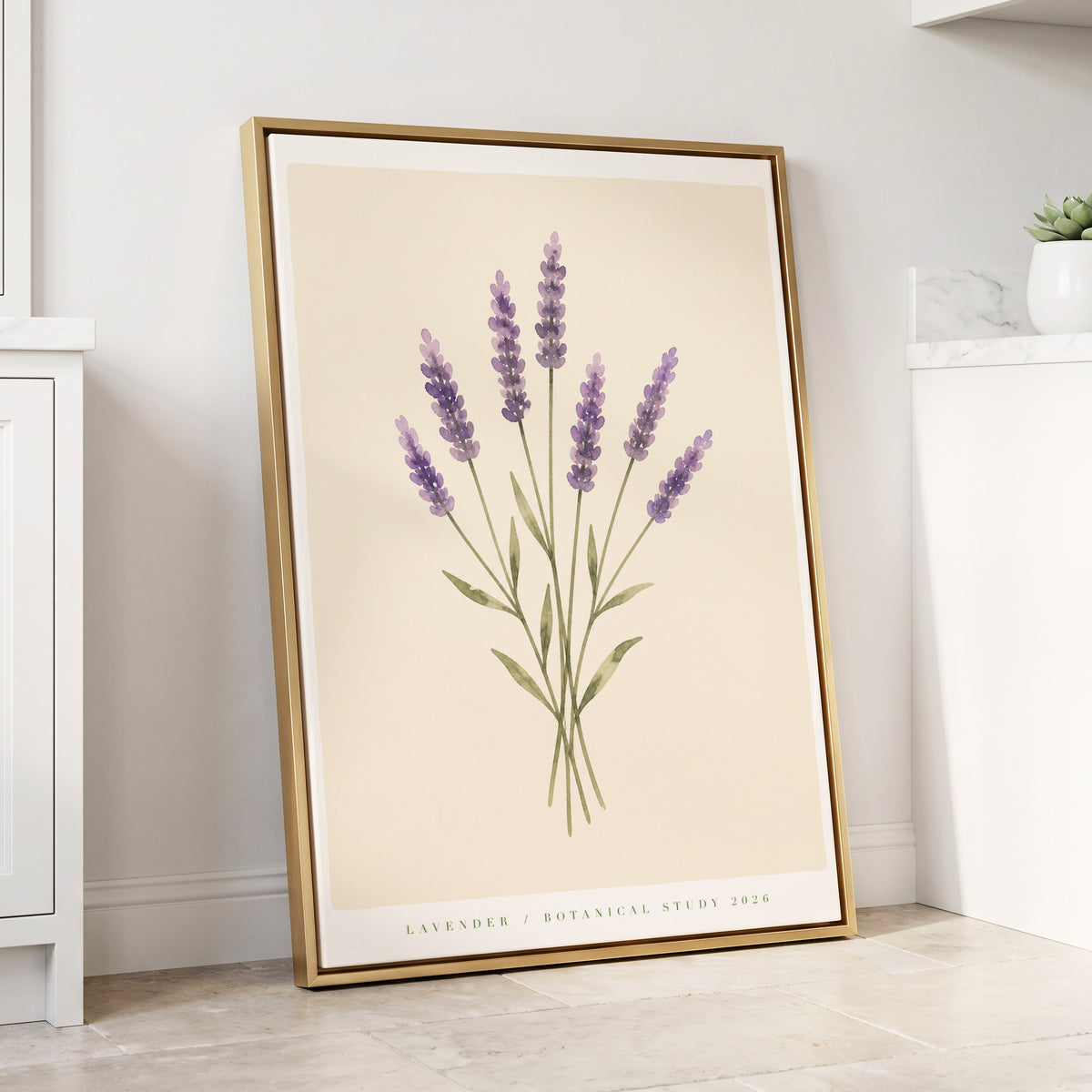 Lavender Stillness, purple, green, beige floral wall art displayed in a styled interior, gallery view 1