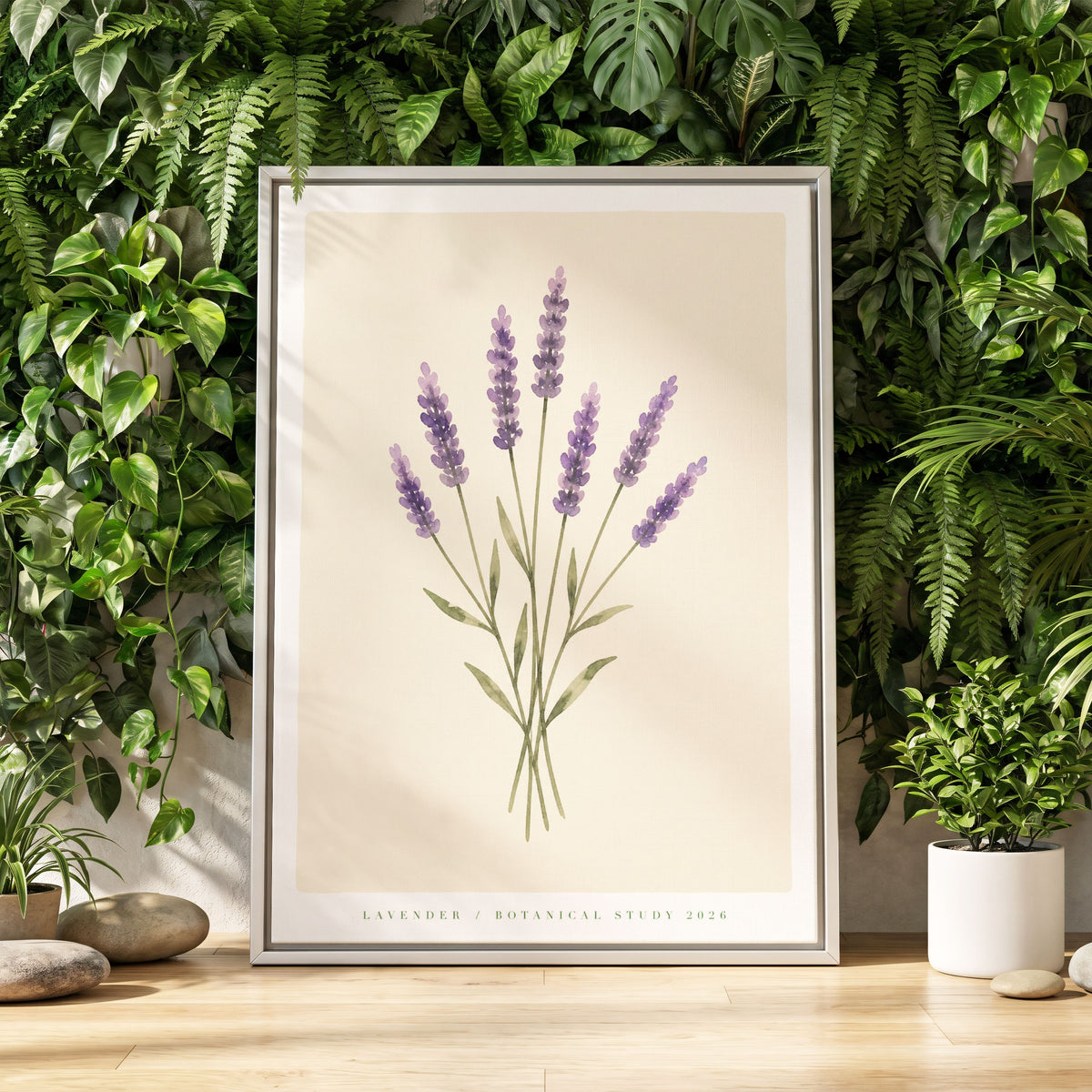 Lavender Stillness, purple, green, beige floral wall art displayed in a styled interior, gallery view 2