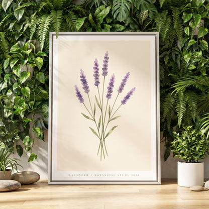 Lavender Stillness, purple, green, beige floral wall art displayed in a styled interior, gallery view 2