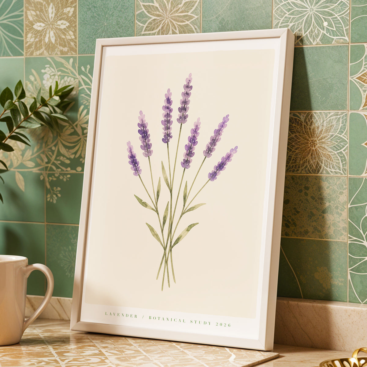 Lavender Stillness, purple, green, beige floral wall art displayed in a styled interior, gallery view 3