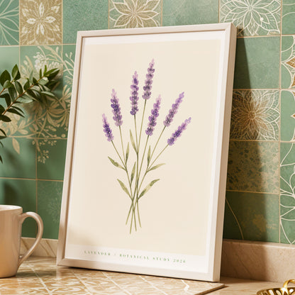Lavender Stillness, purple, green, beige floral wall art displayed in a styled interior, gallery view 3