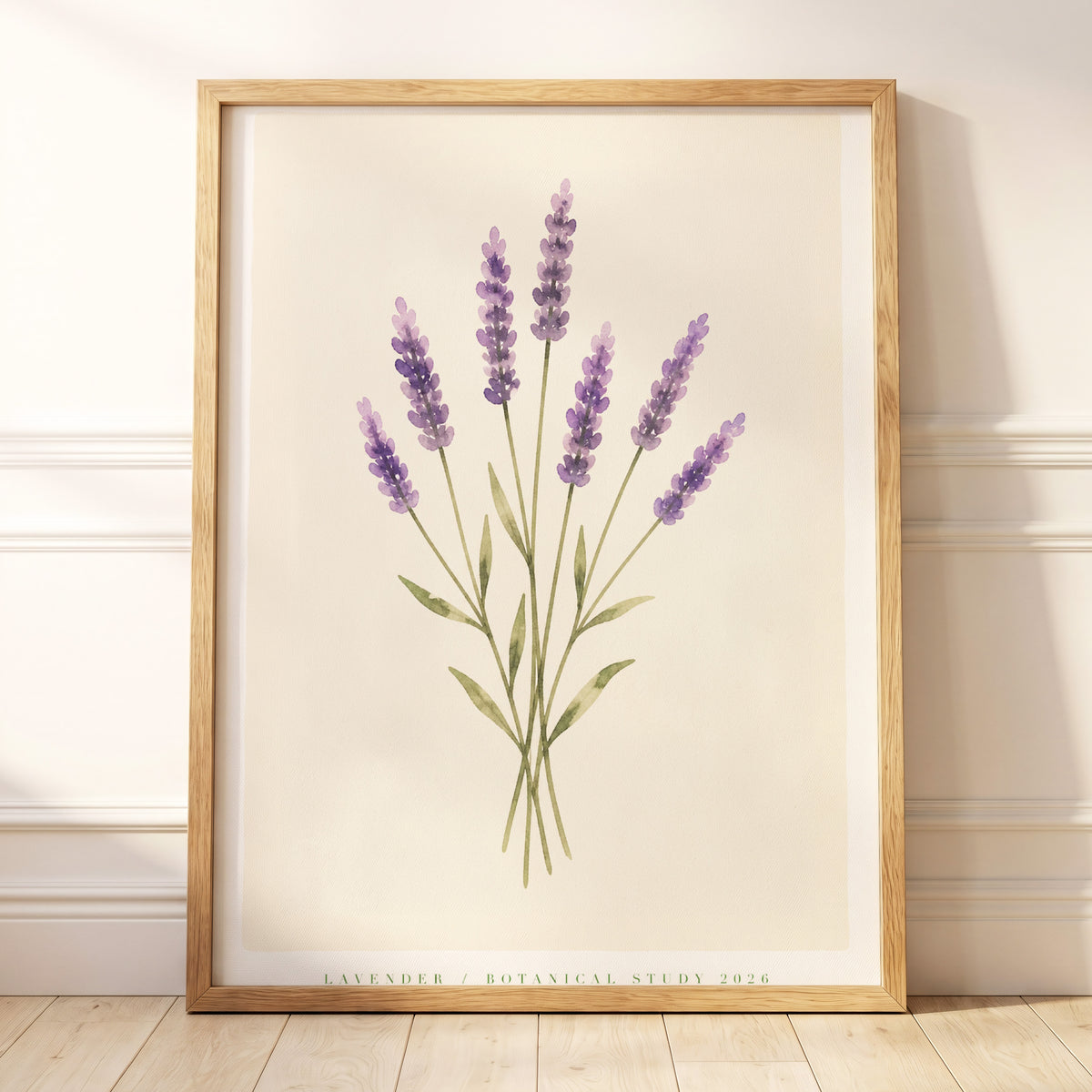 Lavender Stillness, purple, green, beige floral wall art displayed in a styled interior, gallery view 5