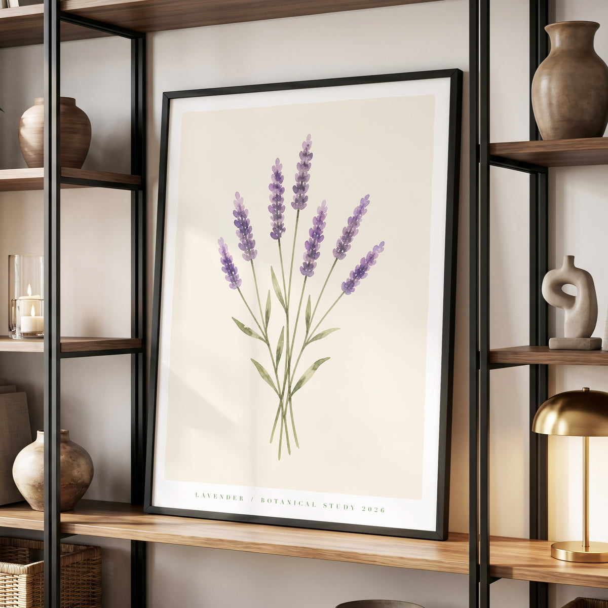 Lavender Stillness, purple, green, beige floral wall art displayed in a styled interior, gallery view 6