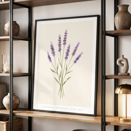 Lavender Stillness, purple, green, beige floral wall art displayed in a styled interior, gallery view 6