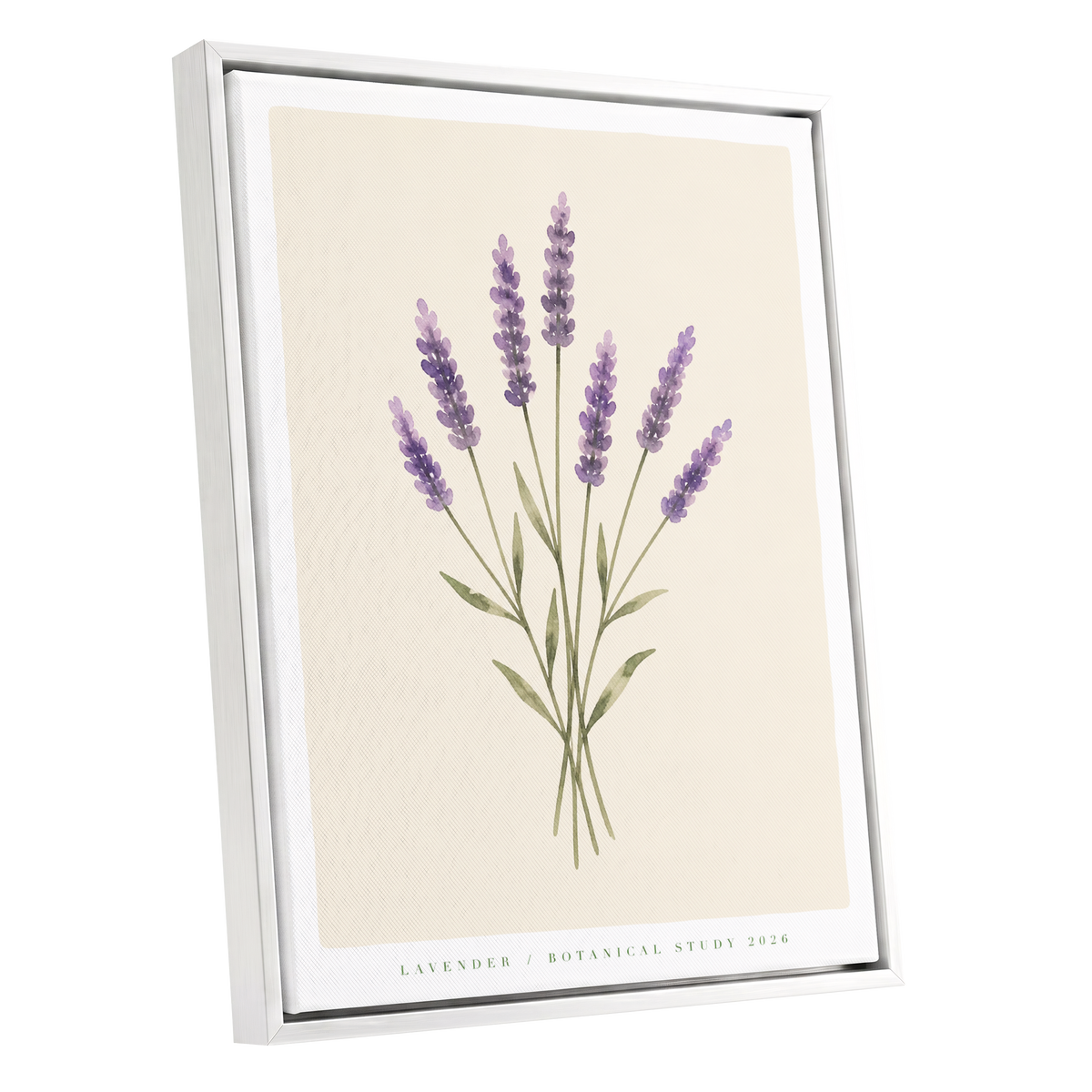 Lavender Stillness, purple, green, beige floral wall art shown as a white framed canvas wall art