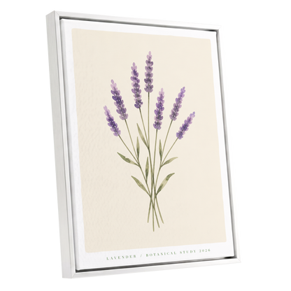 Lavender Stillness, purple, green, beige floral wall art shown as a white framed canvas wall art