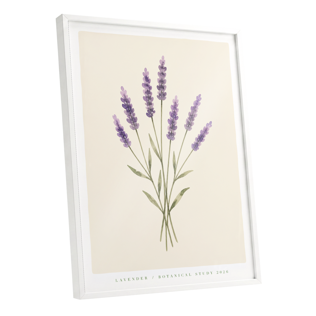Lavender Stillness, purple, green, beige floral wall art shown as a white framed poster wall art print