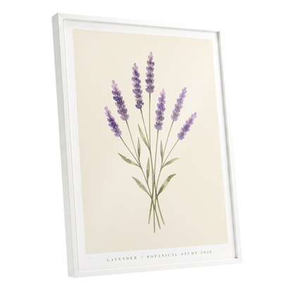 Lavender Stillness, purple, green, beige floral wall art shown as a white framed poster wall art print